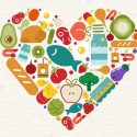 Food icon heart shape for health concept Food icons making heart shape for healthy eating or balanced nutrition concept. Includes fruit, vegetables, meat, bread and dairy.